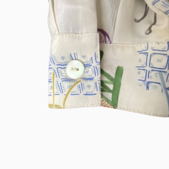 Ishyu Womens 8 Whimsical Silk Button-Down Shirt Colorful Chair Table Print VTG - Picture 5 of 15